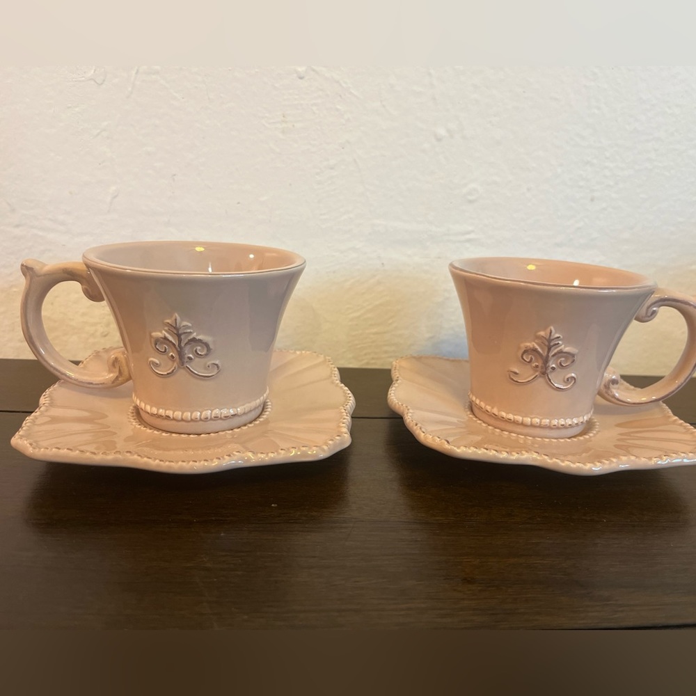Set Of 2 Anthropologie Espresso Coffee Cups & Saucers Fleur de Lys Pink